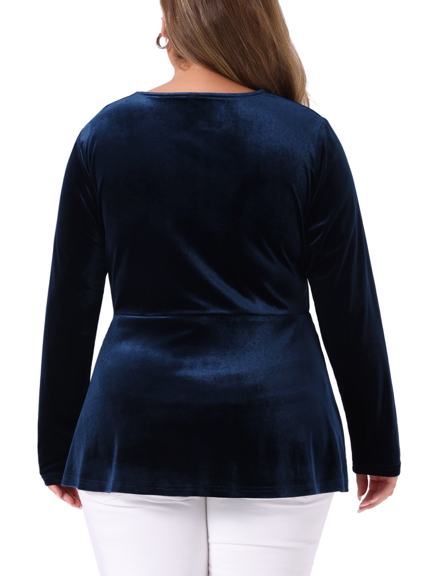 DARING DIVA Women's Plus Size Retro Velvet Tulip Hem Long Sleeve Blouse 3X Dark Blue