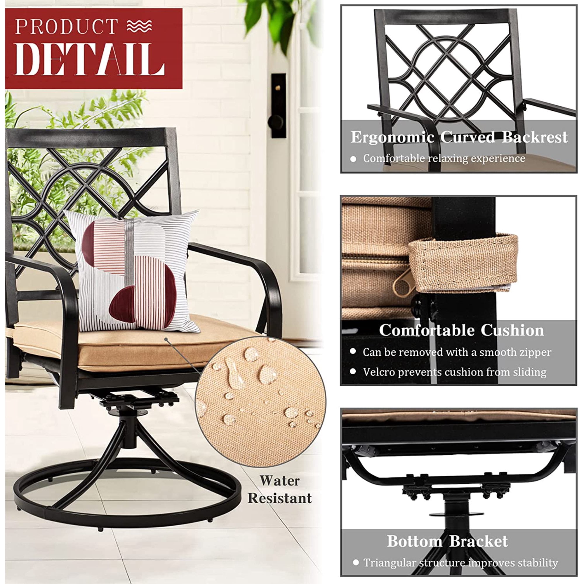 SOLAURA 7 Piece Outdoor Patio Dining Set, Metal Furniture Set: Rectangular Dining Table with Umbrella Holes & 6 Swivel Chairs for Backyard, Garden, Balcony