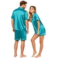 thumbnail image 6 of （Mens） Couple Matching Sets Silk Short Sleeve Button Down Sleepwear Satin Shorts Set Soft Loungewear Cyan 4XL, 6 of 8