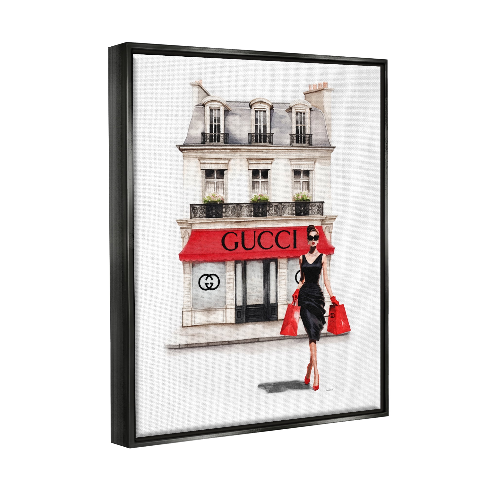 Stupell Industries Trendy Girl Shopping Town & City Painting Black Floater Framed Canvas Art Print Wall Art, 17 x 21