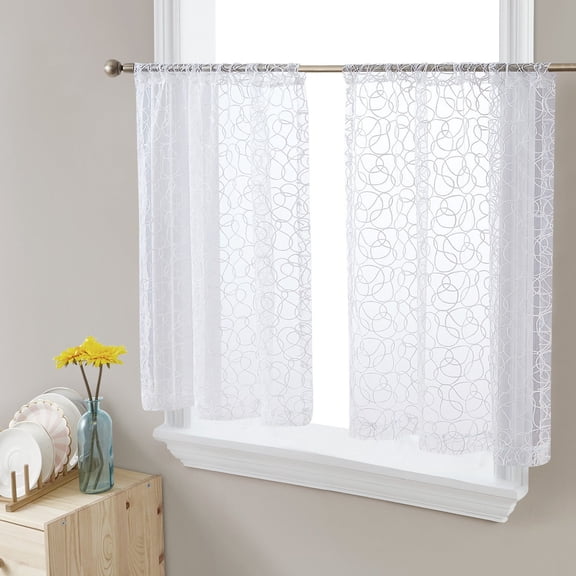 THD Francine Embroidered Sheer Voile Window Curtain Short Rod Pocket Tiers, Set of 2