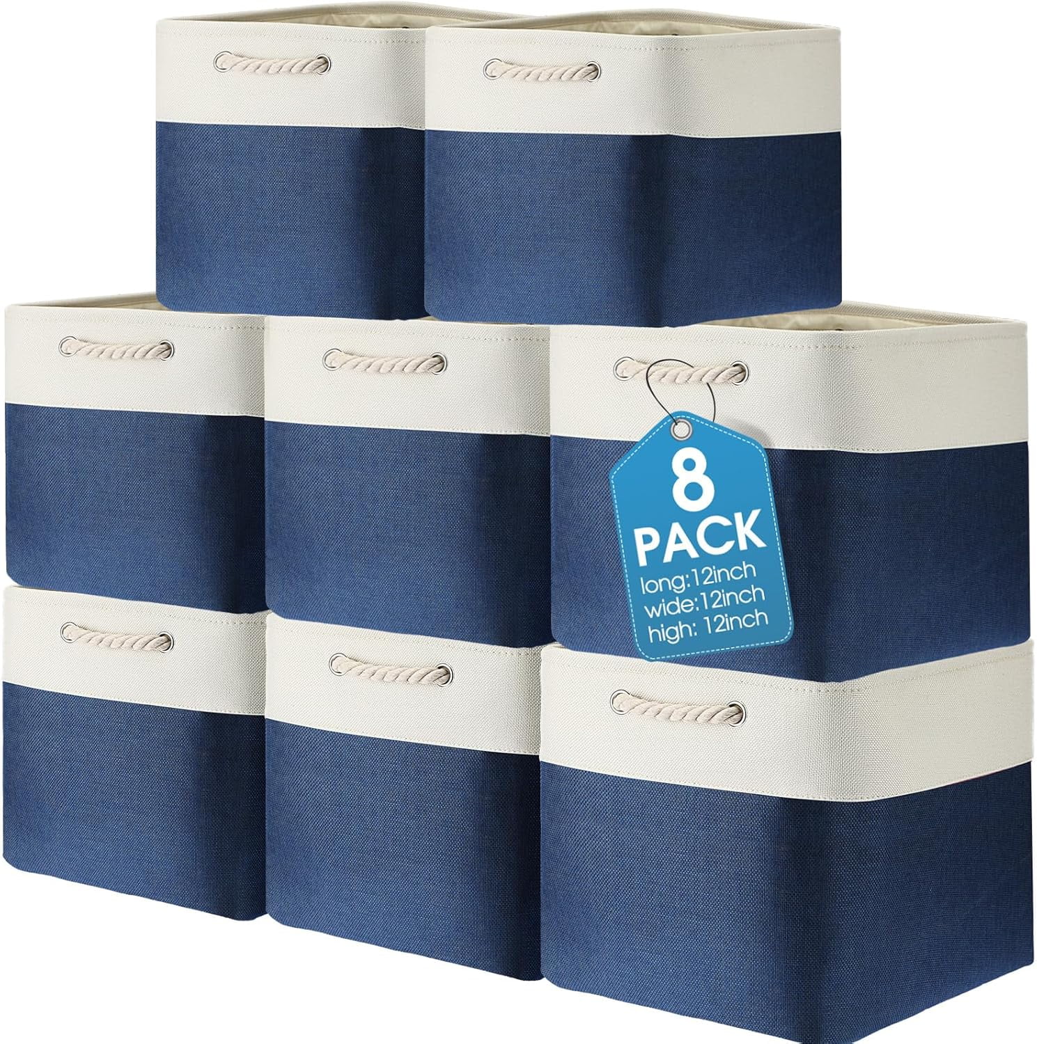 8 Pack Collapsible Storage Bins Fabric Storage Bins Polyester Fabric Baskets with Handles Linen Closet Organizer for Shelf Home Closet Towels Toys(12 x 12 x 12in,Black Gray)