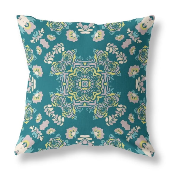 Rose Wreath Indoor/Outdoor Fabric Pillow with Zip in Green Yellow 16x16