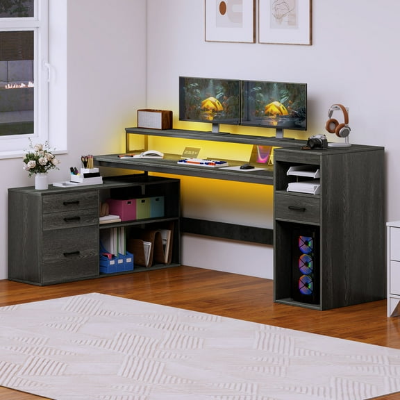 Uforic L Shaped Computer Desk, 59" Gaming Table with Power Outlet & LED Light & Monitor Stand for Home Office,Gray