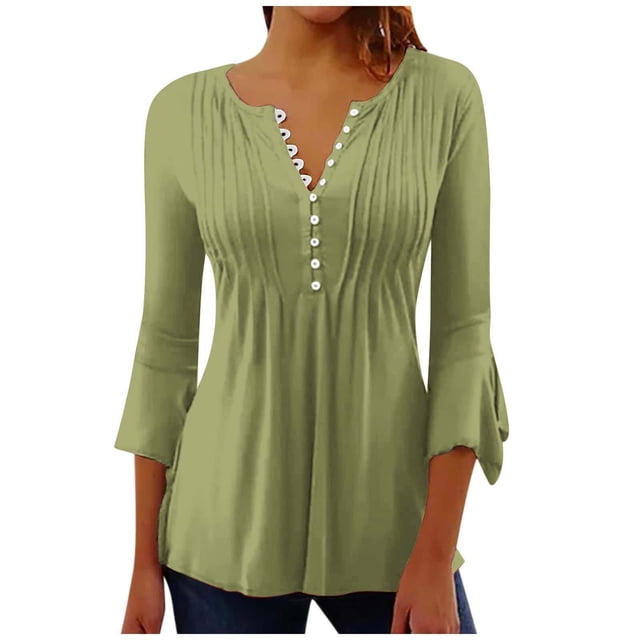 Timegard Summer Top for Women Notched V Neck Button Tunic Top Ruffle 3/4 Sleeve Comfy Casual Tee