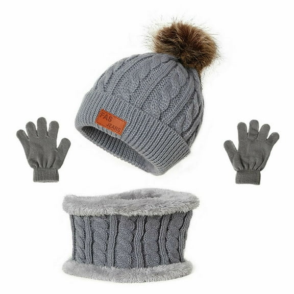 HESHENG Kids Winter Warm Beanie Hat Scarf Gloves Set Thermal Knit Crochet Thick Fluffy Toddler Cap Pom Pom Bobble Hat With Faux Fur For Girls Boys , Gray