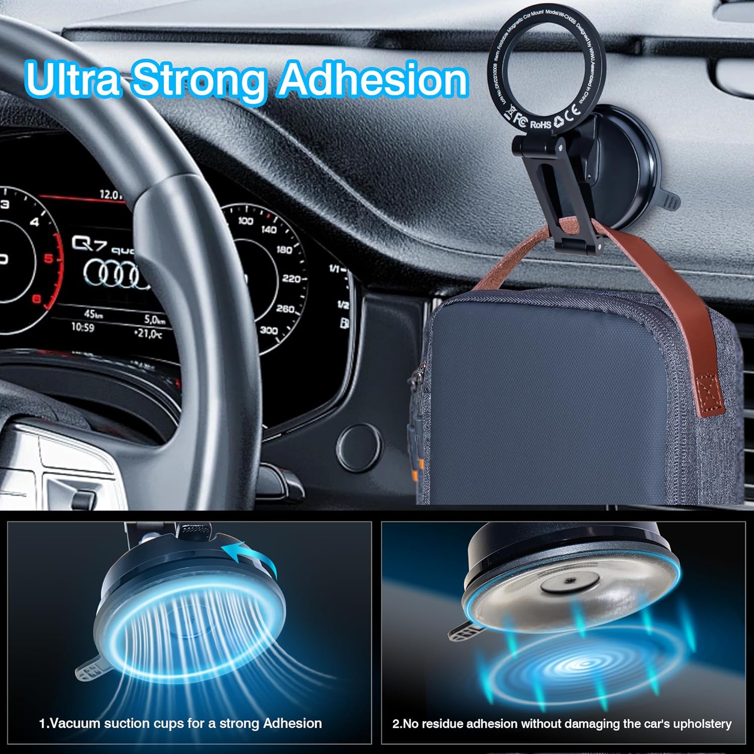 FHDFHD for MagSafe Car Mount Magnetic Phone Holder 360°Rotation Suction Cup Phone Mount for Car Foldable Adjustable Stable Cradle Compatible with iPhone 17/16/15/14/13/12 Series Android