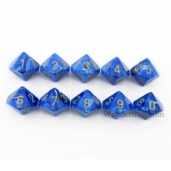 Blue Vortex Dice with Gold Numbers D10 16mm (5/8in) Pack of 10 Dice Chessex