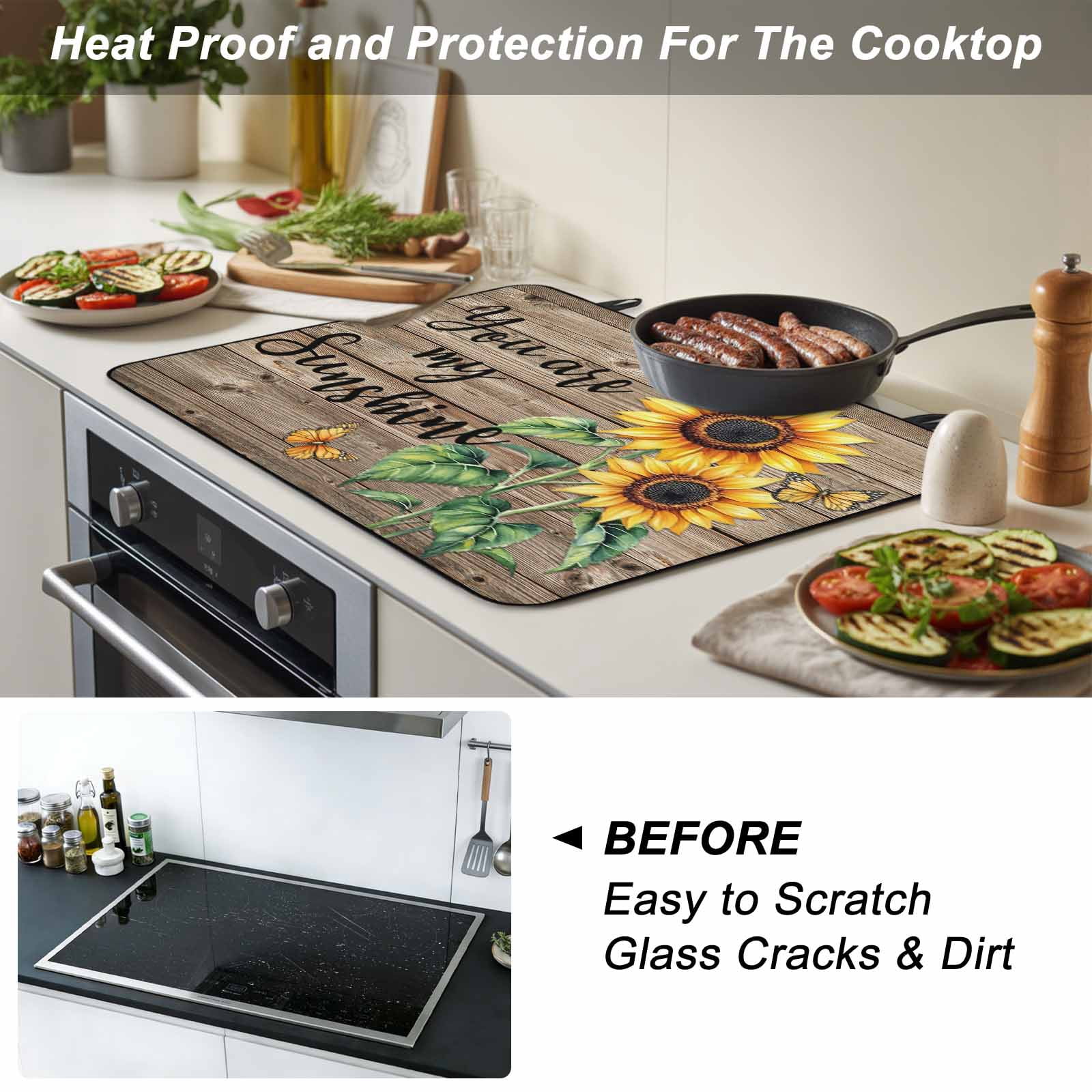 Sunflower Yellow Stove Top Cover for Electric Stove, Heat-proof & Non Slip Glass Top Stove Cover Protector, Sunshine Butterfly Farmhouse Wood Brown Kitchen Flat Cooktop Rubber Mat 24x21 Inches