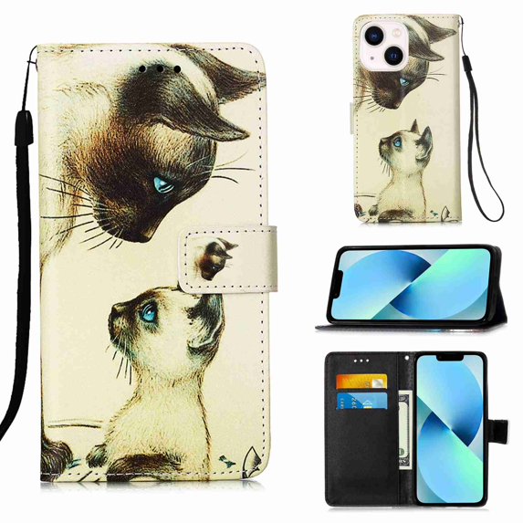 Dteck for Apple iPhone 13 Case with Card Holder Magnetic 3D Painted Flip Wallet Case Protective Cover with Kickstand Wrist Strap Cover for iPhone 13, 13# Cats