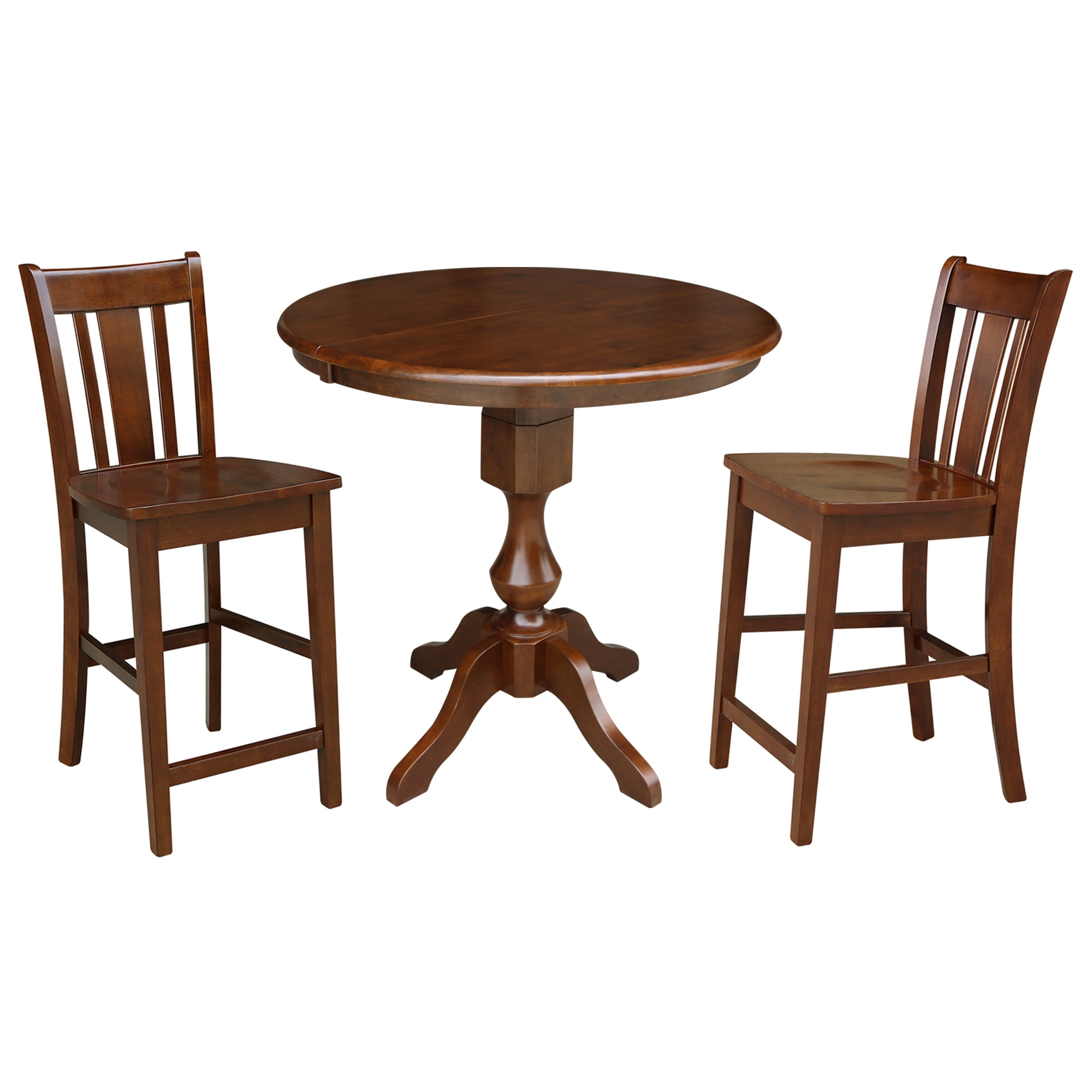 36 Round Counter Height Dining Table With 12 Leaf And 2 San Remo Stools Espresso 3 Piece Set