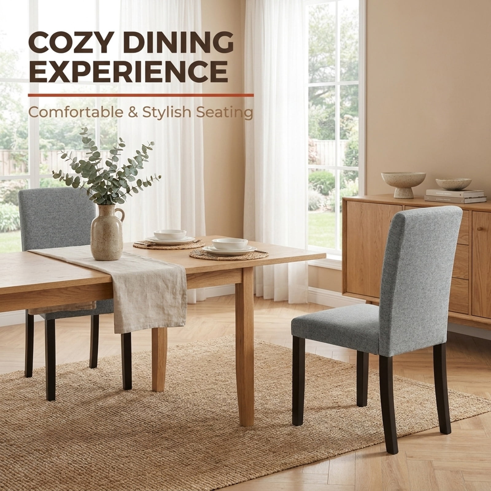 Furnibear Mid Century Modern Dining Chairs Set of 2 with Rubber Wood Legs and Padded Seats for Kitchen Dining Room, Gray