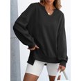 thumbnail image 3 of Women's Plus Size V-Neck Pullover Black Sweatshirt - Casual Oversized Long Sleeve Top, Solid, Spring/Autumn/Winter, S-2XL, 3 of 7