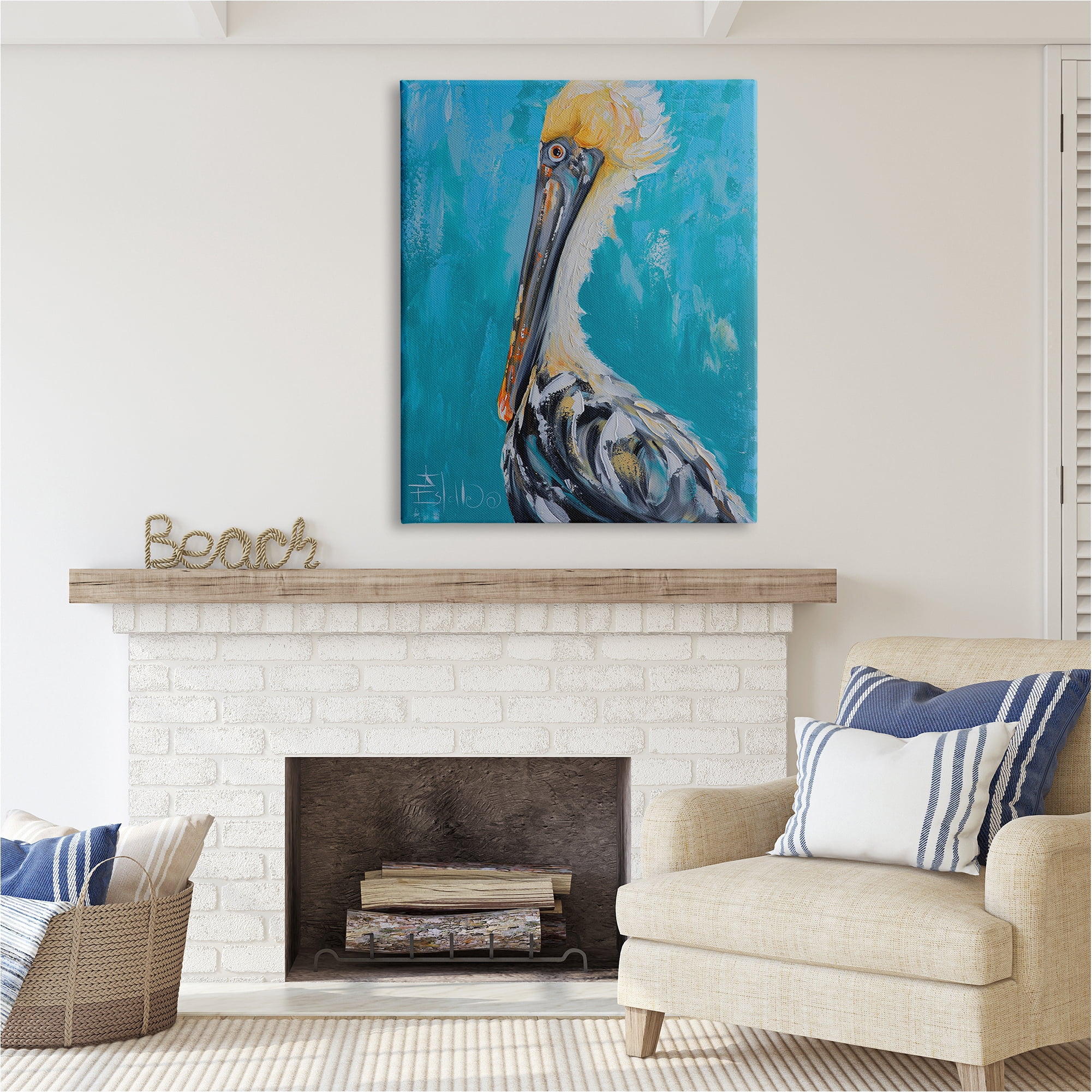 Stupell Industries Blue Pelican Painting Animals & Insects Painting Gallery Wrapped Canvas Art Print Wall Art, 36 x 48
