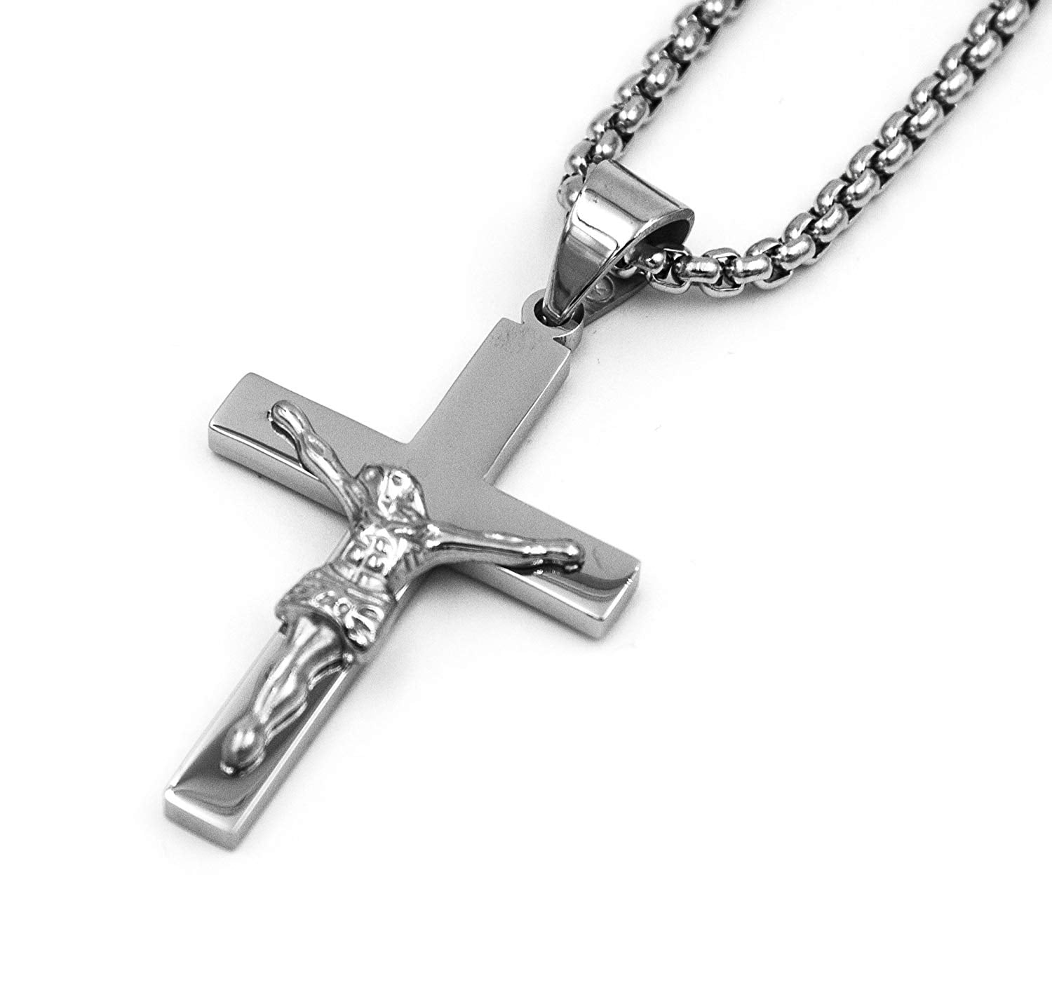 Stainless Steel Plain Silver Jesus Christ Crucifix Christian Cross Pendant Necklace With Round 3747