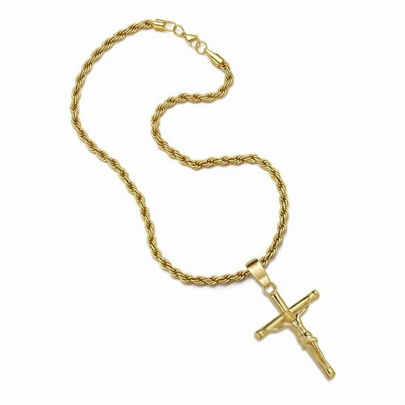 CUKIXA Crucifix Cross Necklace 18K Gold Plated Cross Pendant with 3mm 22" Rope Chain for Men Women