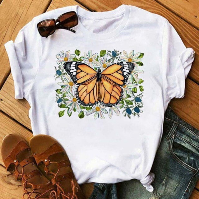 T-shirt Mode Imprimé Fleur Papillon pour Femmes Manches Courtes Décontracté Haut Graphique
