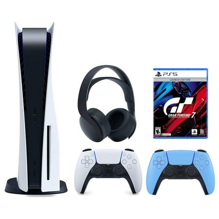 Sony Playstation 5 Disc (PS5 Disc) with Extra Blue Controller, Gran Turismo 7 Launch Edition and Black PULSE 3D Headset Bundle