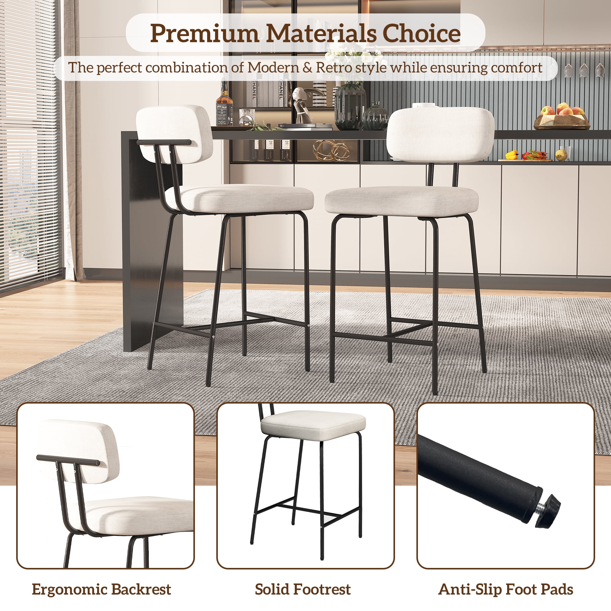 Genpo Counter Height Bar Stools Set of 2, 26" White Fabric Kitchen Counter Stools with Backs, Metal Legs, Footrest and Wide Seat, Bar Chairs for Kitchen Island