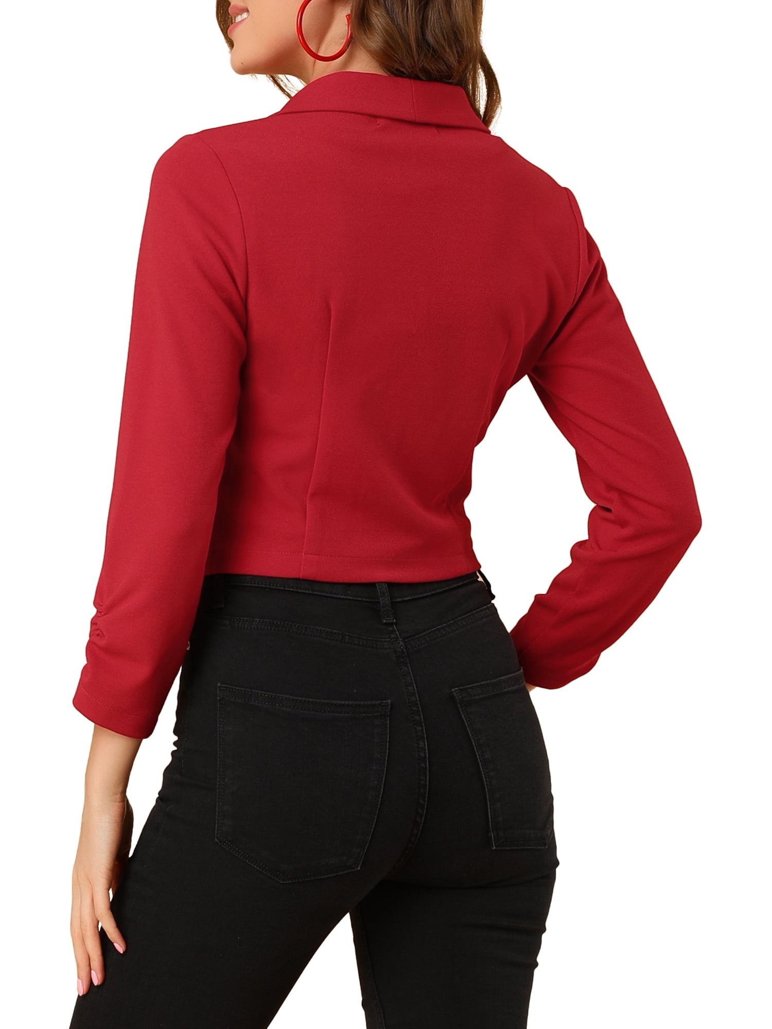 DARING DIVA Women's Notched Lapel Ruched Sleeve Crop Blazer L Red