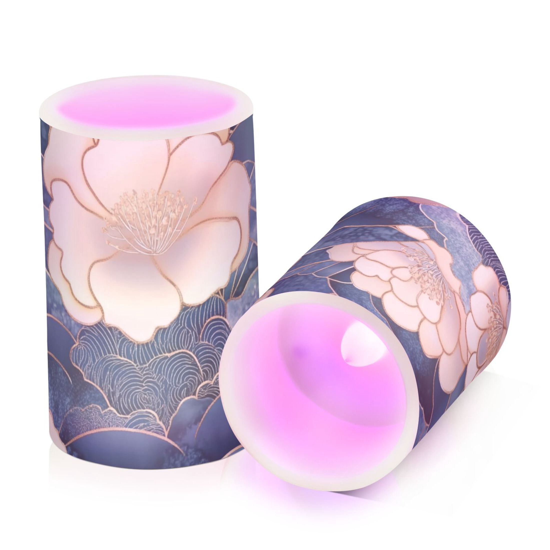 Blue Clouds and Flowers Flickering Flameless Candles Battery Operated with Remote Timer LED Pillar Candles Set of 2