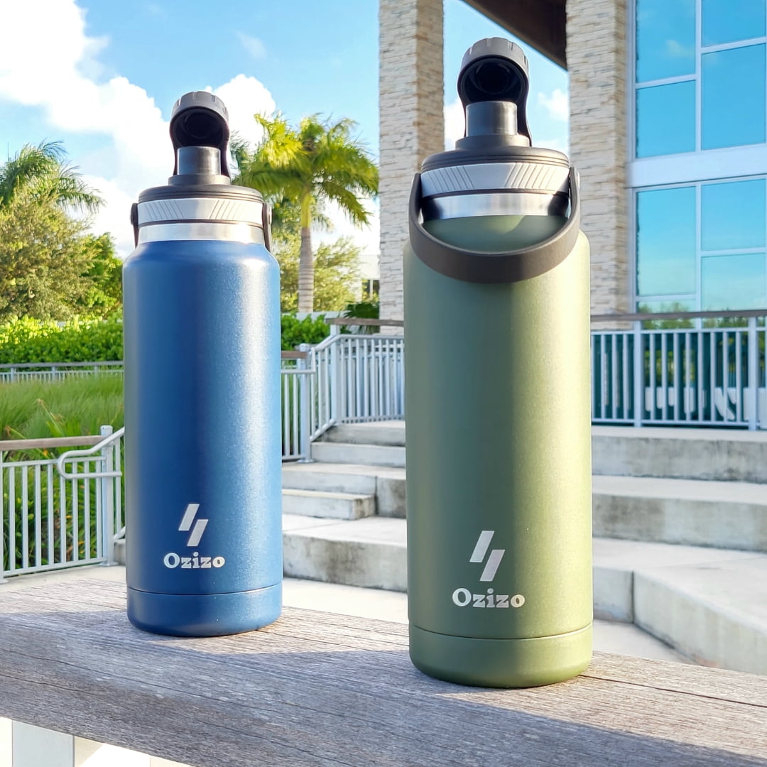 Ozizo Thermos for Water, 1 Liter Insulated Stainless Steel Bottle with Flip Top Lid, Leakproof Double Wall (2 Bottles)