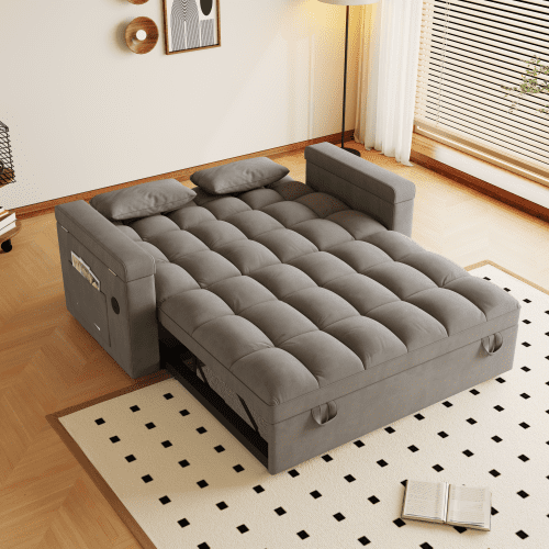 REHOUSING Velvet Multifunctional Pull-Out Sofa Bed with Hidden Side Table and Storage Armrests, Gray