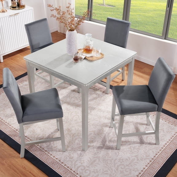 Newboti 5 Piece Counter Height Table Set, Wooden Kitchen Table Set with Square Table and 4 Upholstered Chairs, Counter Height Dining Table with Crystal Decoration and Chair Set, Silver grey BN.3415