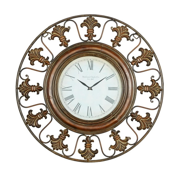 DecMode 38" Brown Metal Fleur De Lis Wall Clock