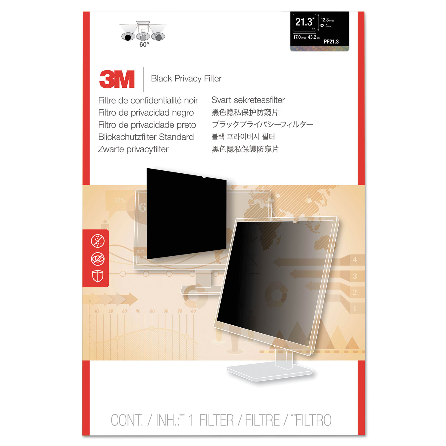3M, MMMPF213C3B, Privacy Filter for 21.3 in Monitors 4:3 PF213C3B, Black,Glossy,Matte - image 2 of 3