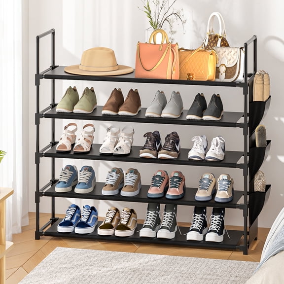 5-Tier Shoe Rack, Metal Shoe Organizer with Hook, 40" x 12" x 37", Holds up to 30 Pairs for Entryway or Closet, Black