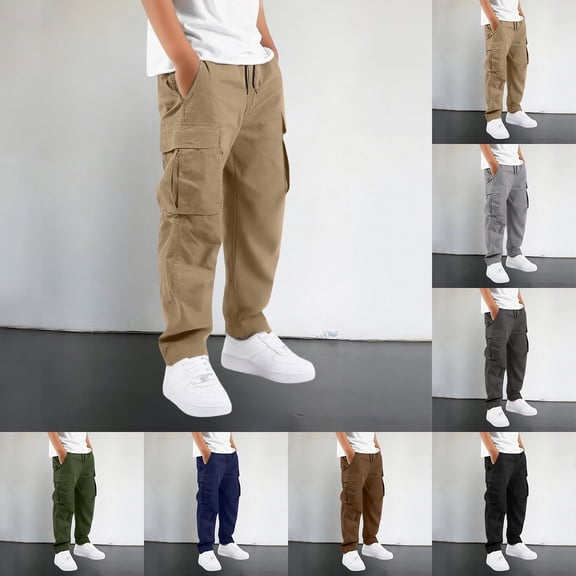 YaEYa Boys Cargo Pants Baggy Pull on School Uniform Pants Casual Drawstring Elastic Waisted Open Bottom Straight Leg Trousers with Pockets (Khaki,15-16 Years)