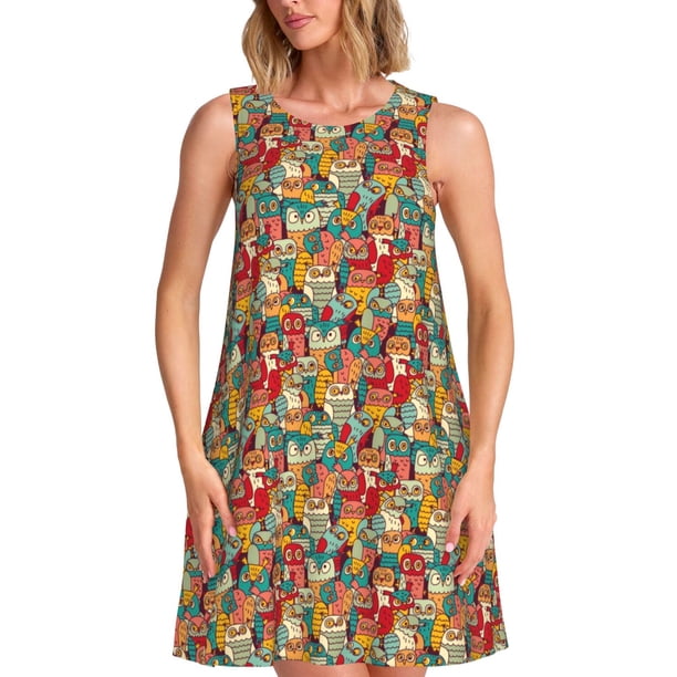 Easygdp Funny Owl Bird para Vestido Transpirable de Mujer, Vestido Suelto de Manga Corta con Pliegues y Bolsillos para el Verano