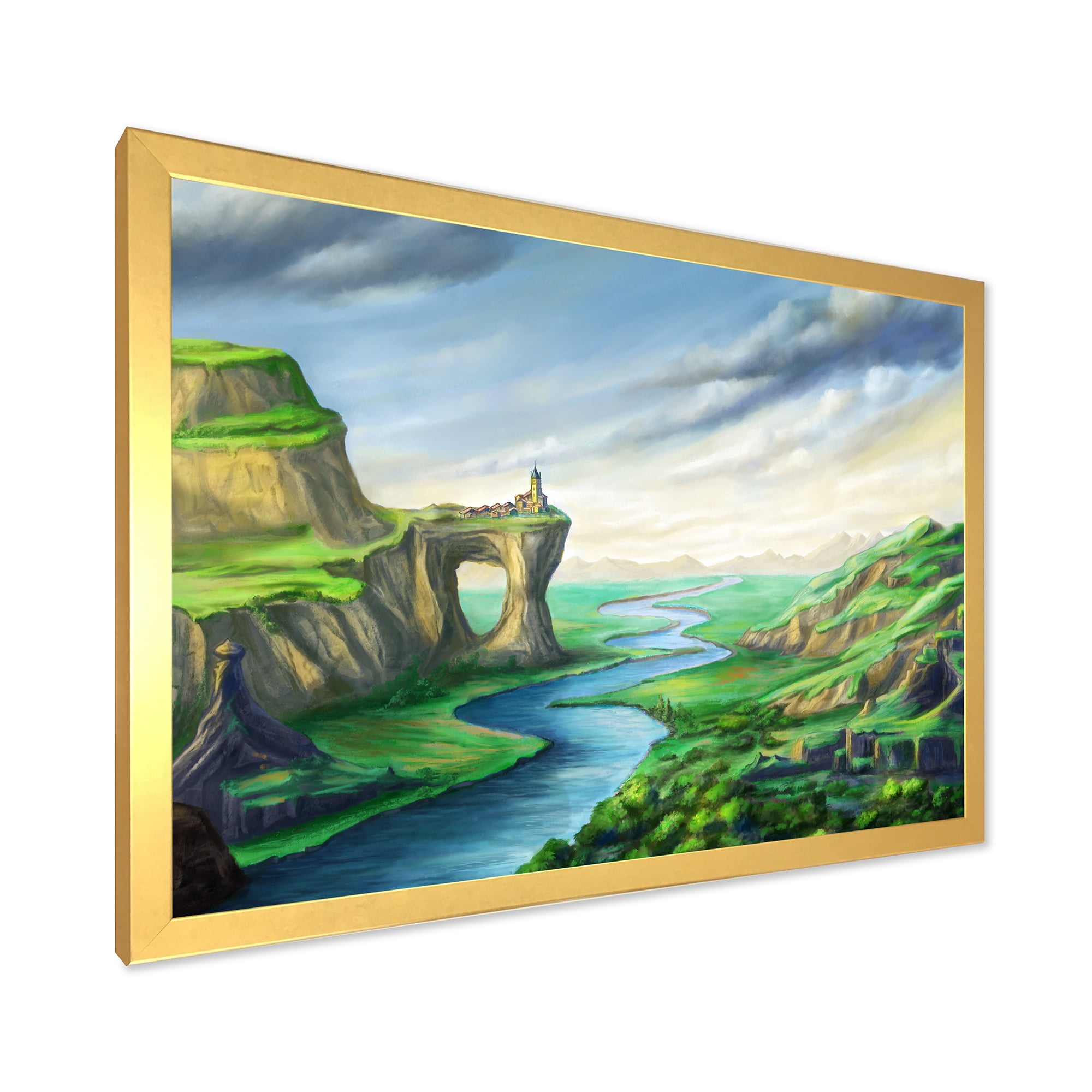 Meandering River With Blue Fantasy Landscape 32 in x 24 in Framed Painting Canvas Art Print, by Designart