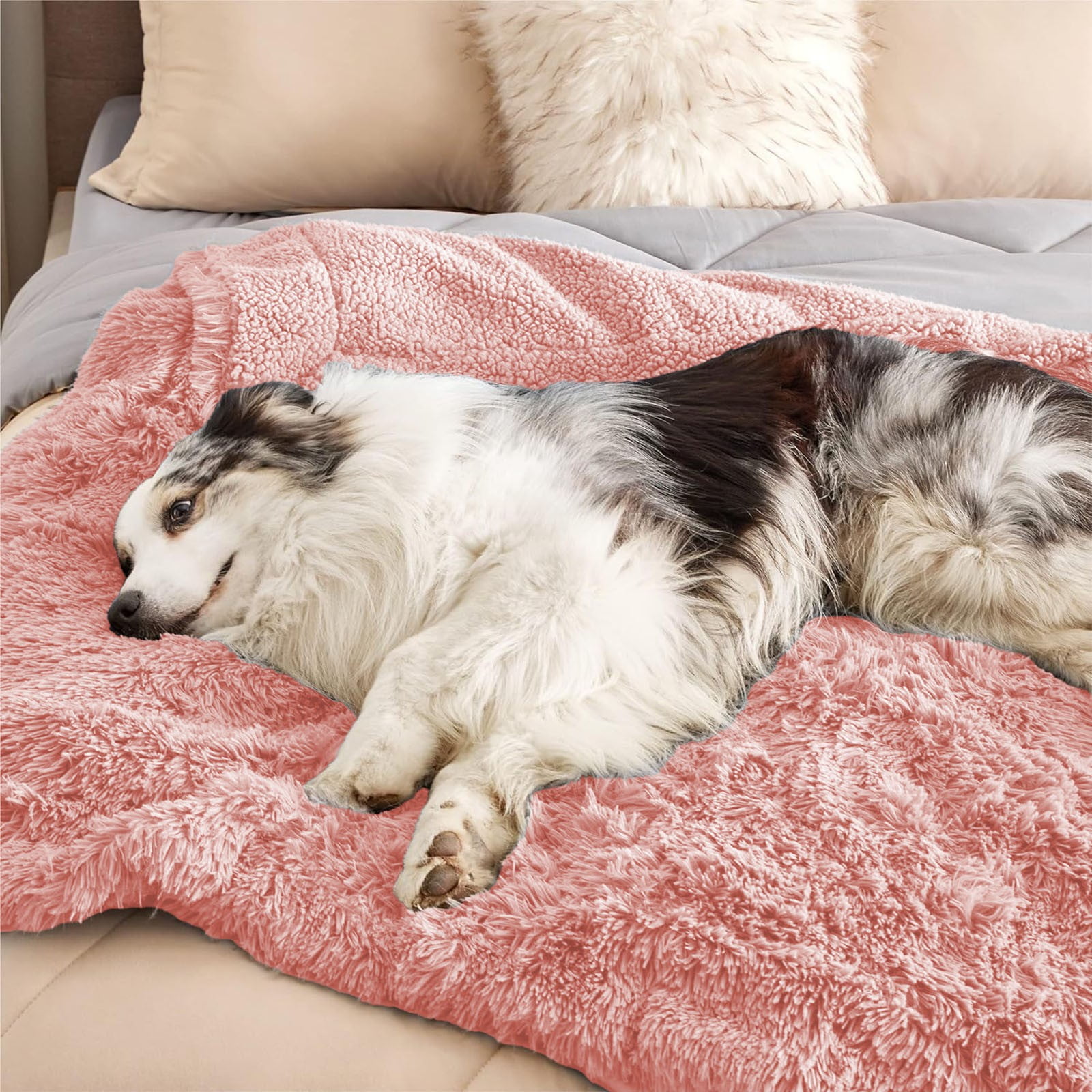 Dog Blanket – Long Wool PV Fleece Waterproof Padded Kennel Blanket for Dogs, All-Season Warmth, Soft and Cozy, Pink