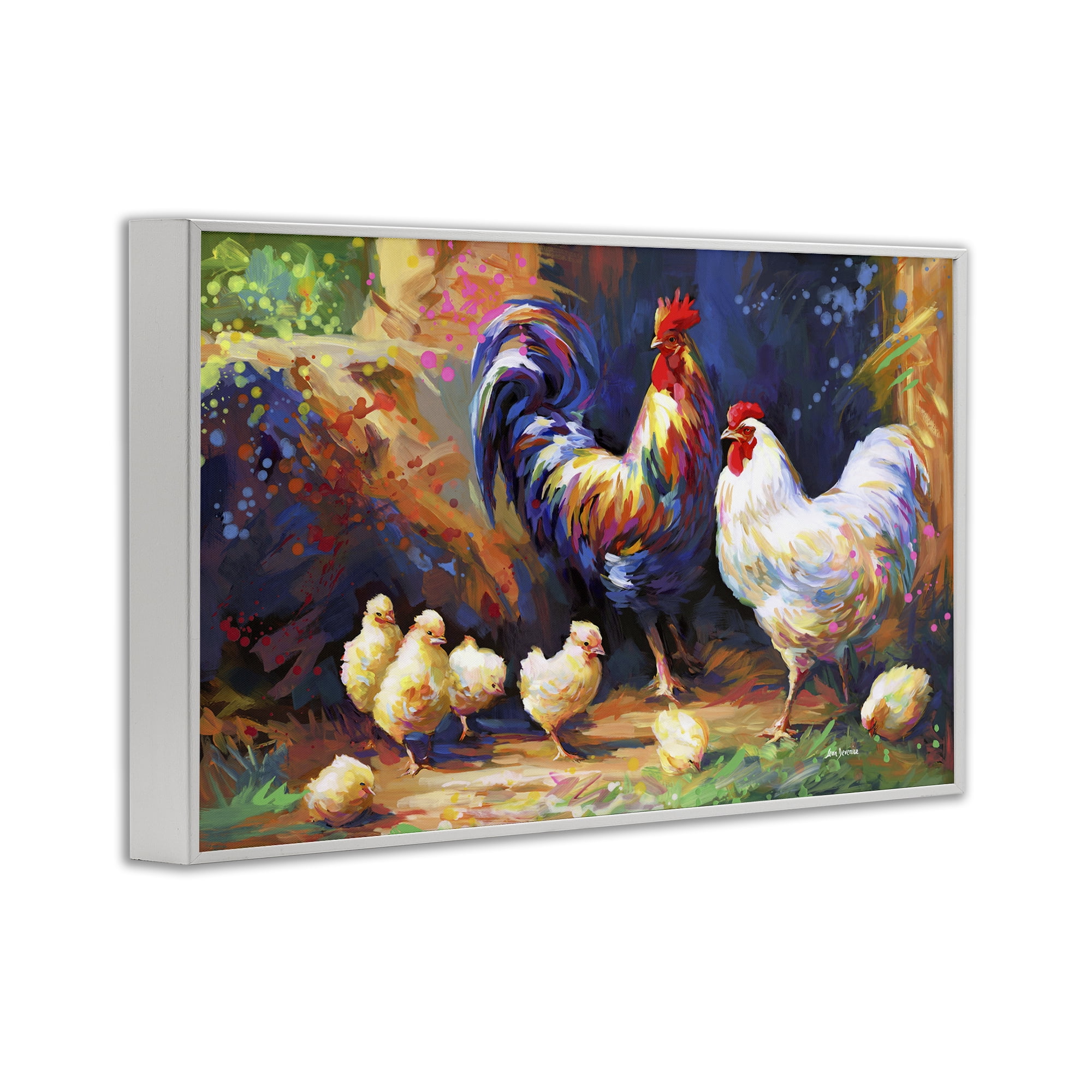 Stupell Industries Chicken Family Paint Splatter Animals & Insects Painting White Framed Art Print Wall Art, 18 x 12