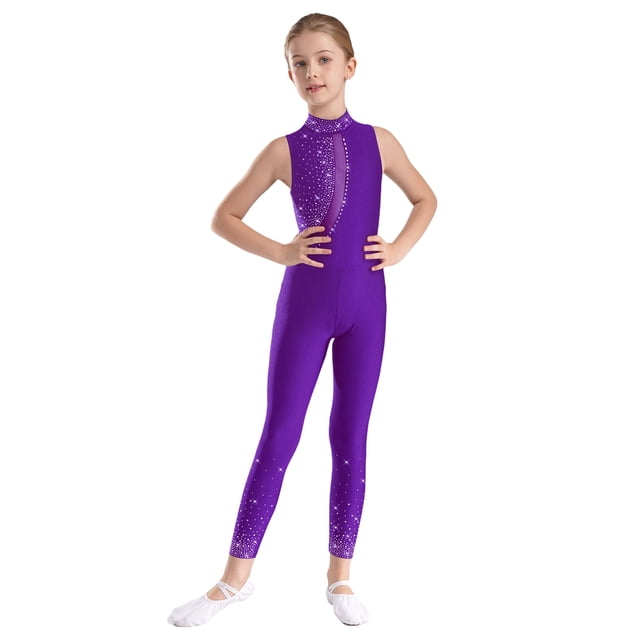 Venjoe Combinaison de Gymnastique Sans Manches pour Filles Enfants avec Strass Violet 16