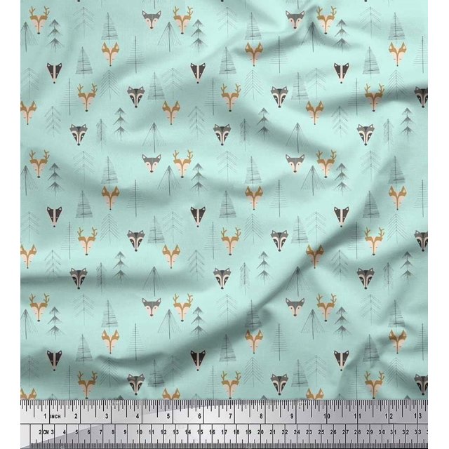 Soimoi Poly Georgette Fabric Artistic Tree,Reindeer & Fox Face Kids Print Fabric by Yard 52 Inch Wide