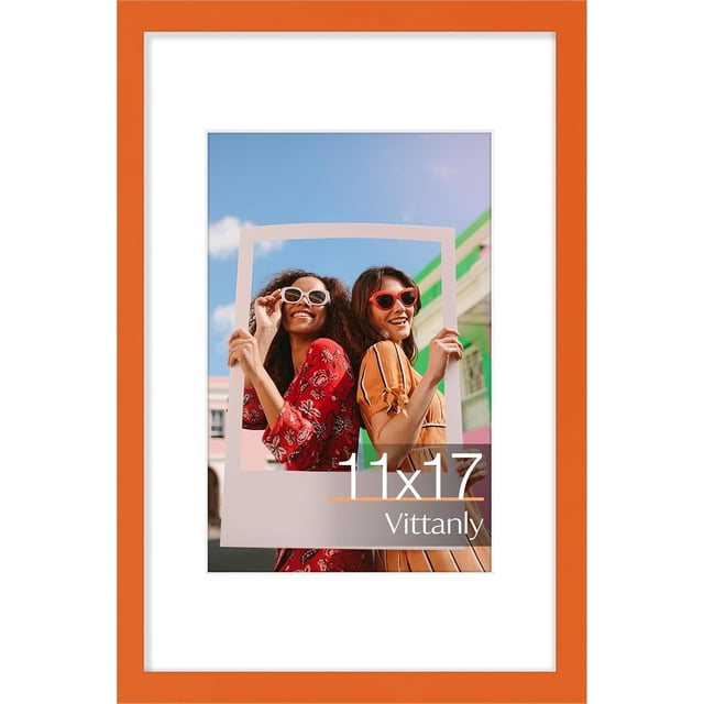 Vittanly 11x17 Picture Frame, Engineered Wood with Shatter Resistant Plexiglass, Display Pictures 8x12 with Mat or 11x17 without Mat, Photo Frame for Wall Mounting, Orange, 1 Pack
