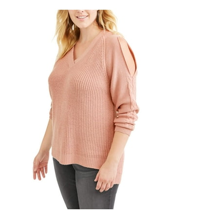 Juniors' Plus Cold Shoulder Cable Sweater