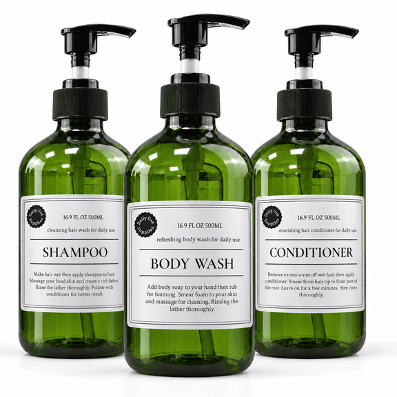 Refillable Plastic Pump Bottles for Lotion, Liquid Soap and Shampoo,Green, 500 mL Each, 3 Pack