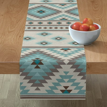 

Cotton Sateen Table Runner 108 - Kilim Beige Blue Brown Aqua Turquoise Geometric Ethnic Taupe Duck Egg Teal Oriental Mexican Ikat Print Custom Table Linens by Spoonflower