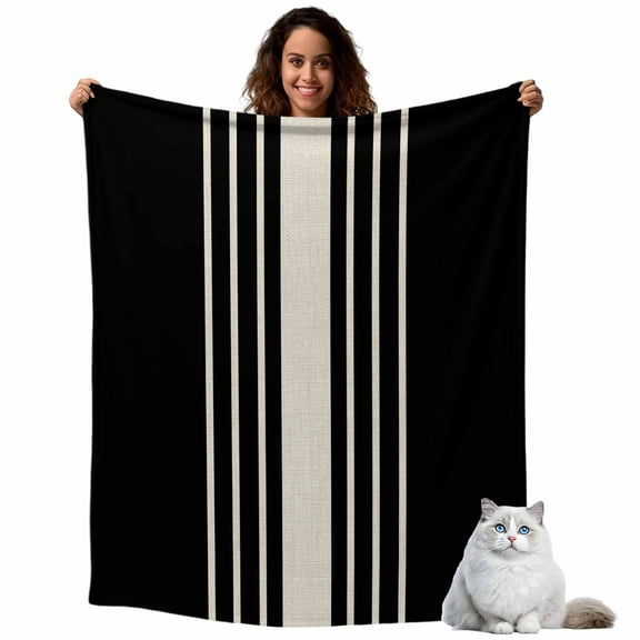 Black Stripe Line Throw Blanket Flannel Fleece Throws, Retro Linen Lightweight Super Soft Warm Blankets for Couch Sofa Bed All Season Use, 40x50 in