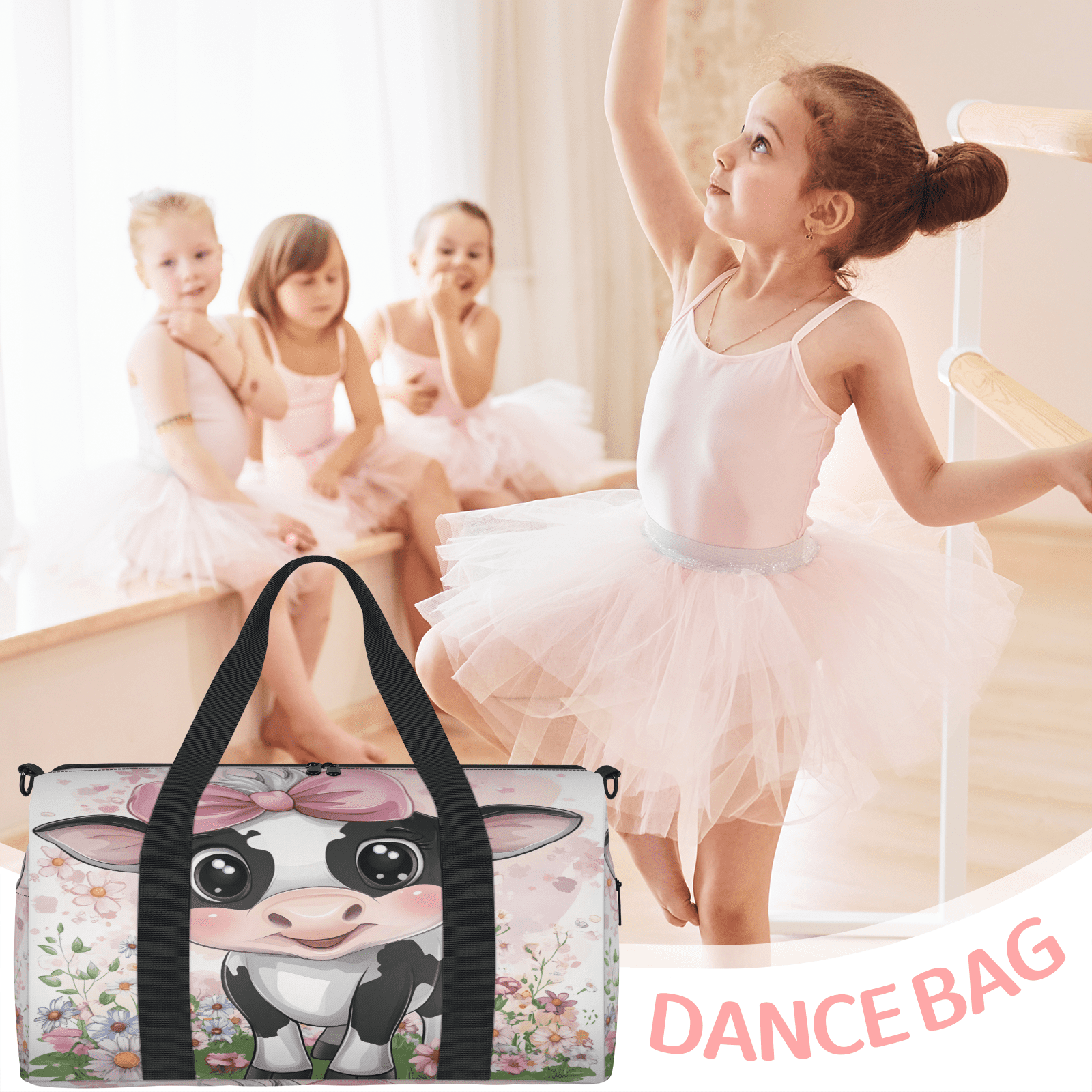 Herdesigns Cute Gym Bag for Women, Cow Duffle Bag for Travel Sport, Lightweight Waterproof Carry on Weekender Overnight Dance Yoga Workout Bags