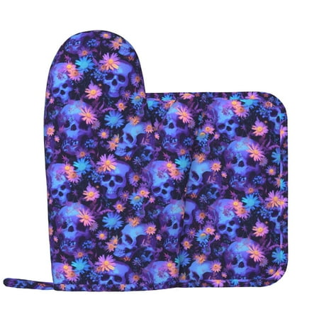 

Oven Mitts and Pot Holders Sets - Skull daisy purple Heat Resistant Silicone Oven Gloves (Left Glove) with Non-Slip Silicone Surface and hot pads for kitchen Baking Cooking