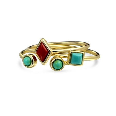 - Open Set of Three Compressed Turquoise Stacked Midi Ring Set of 3 14K Gold Plated 925 Sterling Silver