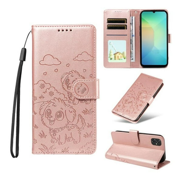 For Samsung Galaxy A07 5G Litter Dog Embossing Leather Phone Case with RFID Blocking Card Slot Wallet Magnetic Clasp Lanyard Flip Stand Case,Pink,For Galaxy A07 5G