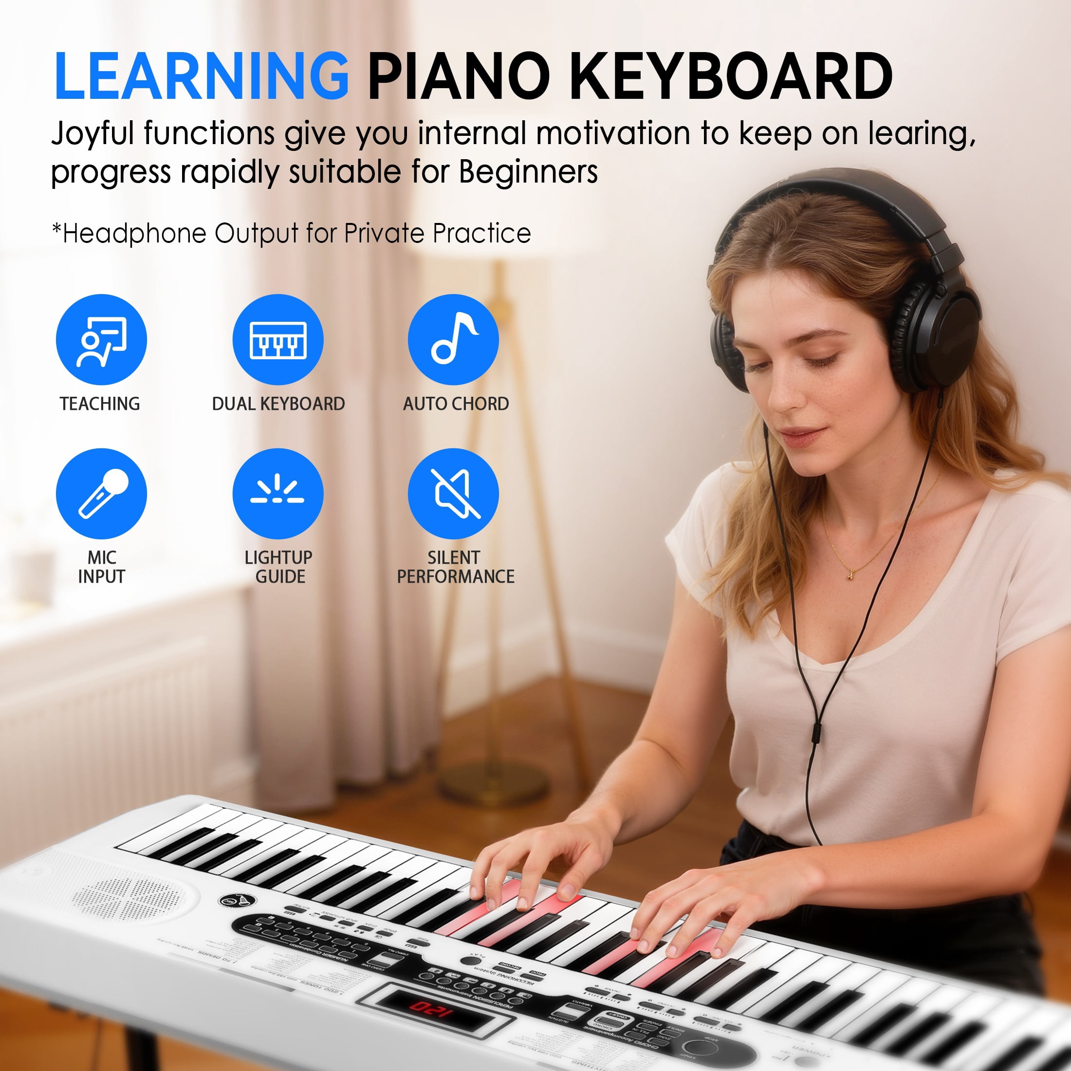 Fenbeli 61-Key Piano Keyboard with Lighted Keys, Stand, Bench, Microphone, Headphone, Electronic Keyboard Piano Set, White