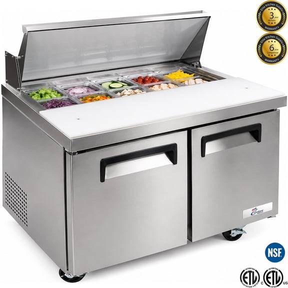 NSF 36" Commercial Two Door Sandwich Prep Table Refrigerator with Refrigerated Base, Stainless Steel, Holds 10 GN 1/6 Pans, 115V