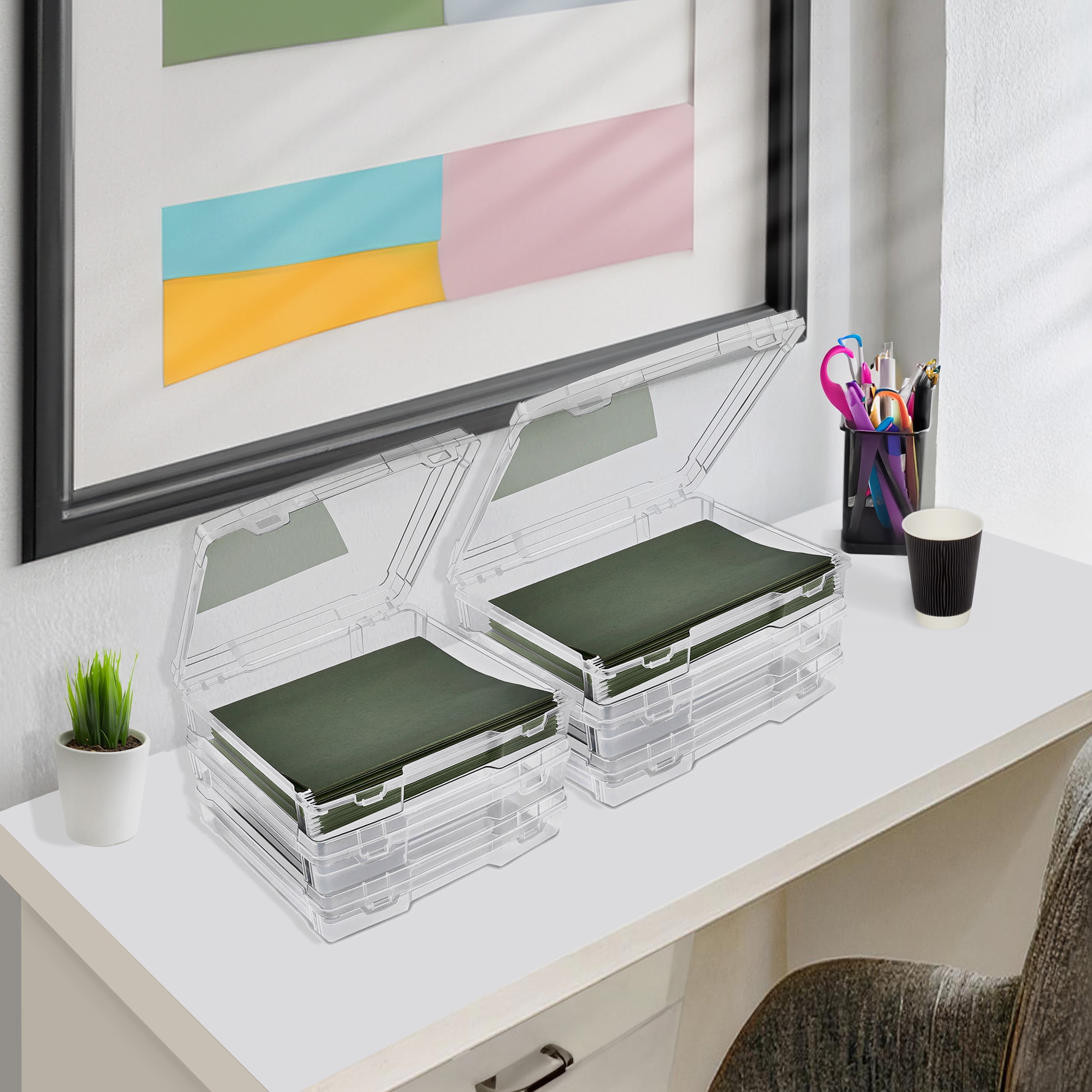 Sorbus Set of 6 Wide Hanging File Organizer Bin Clear Plastic Stackable for Document Storage
